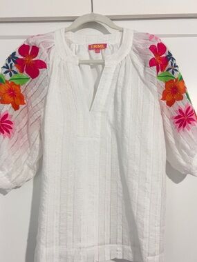 THML White Peasant Top with Bright Floral Embroidered Puff Sleeves